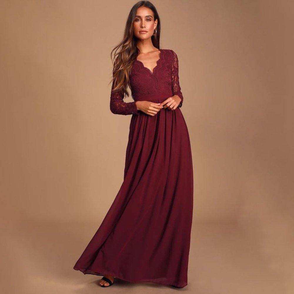 LULU'S Burgundy Long Sleeve Lace Maxi Dress XS